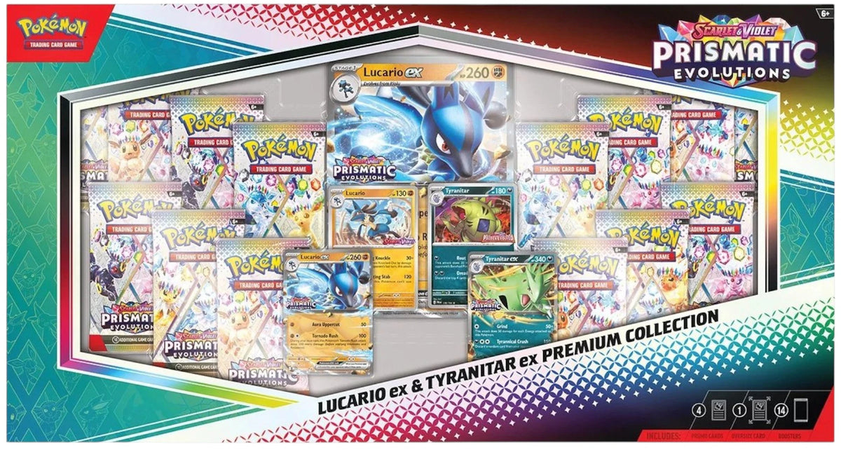 2025 Pokémon Scarlet & Violet Prismatic Evolutions Lucario ex & Tyranitar ex Premium Collection (Sam's Club Exclusive) Wax Set