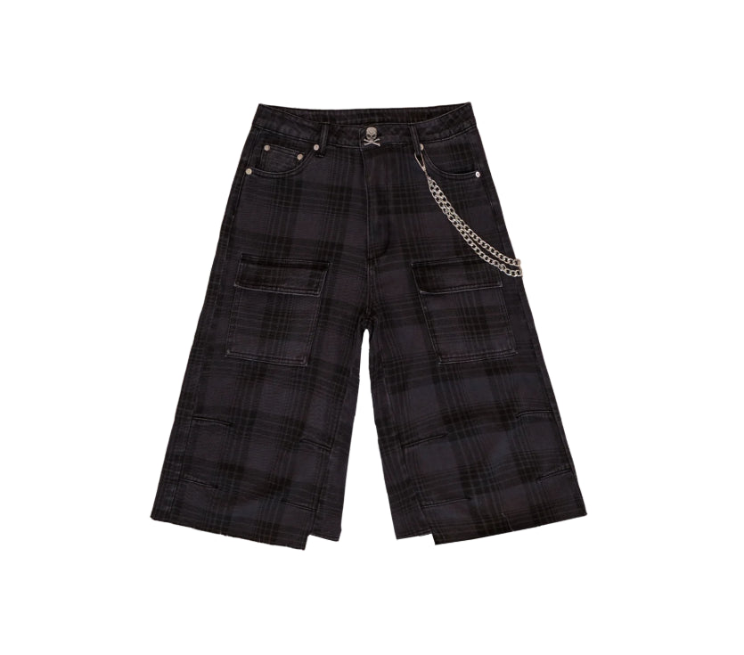 Bravest Studios Black Plaid Cargo Shorts w/ Chain